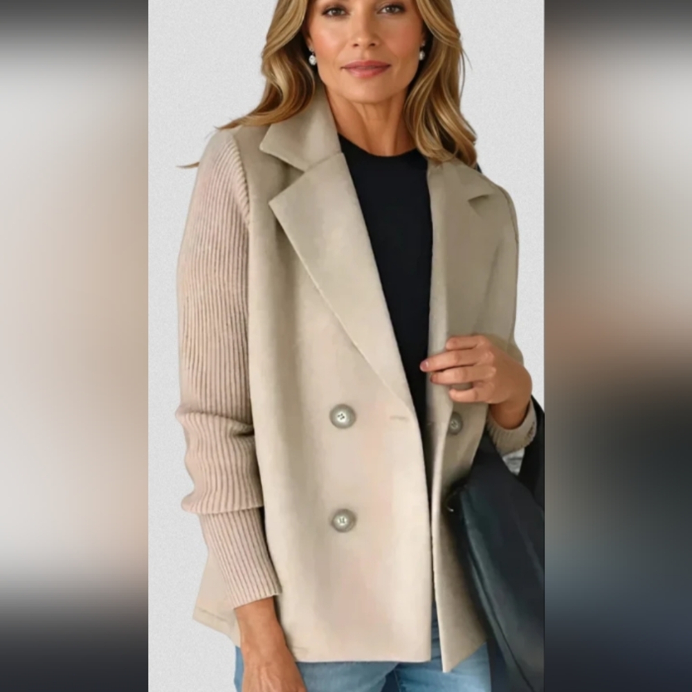 NWT.Ebossy Women's Double Breasted Peacoat - Cream and Tan